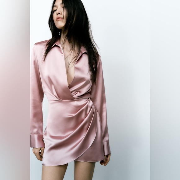 ZARA Dusty Pink Satin Effect Wrap Long Sleeve Dress $59.90 - Picture 12 of 14